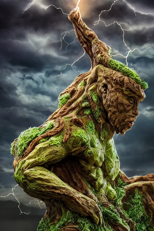 Prompt: high resolution photo of a muscular fighting sand creature, slime, tree roots, dark clouds, foliage, veins, lightning, big muscles, sweat, slime, troll, fishlike, gills, dragonlike, grown together, overgrown, electronic wires, god rays, dark, skin, plastic wrap,