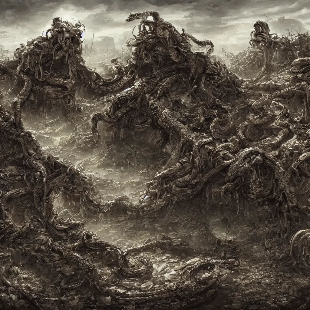 Image similar to snakes crawling from skulls in apocalyptic wasteland, depressing, morbid, surreal, 4 k, digital art, concept art, trending on artstation, highly detailed, epic composition