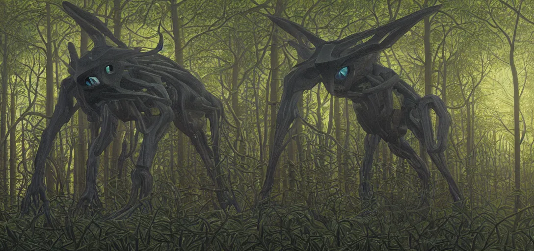 Image similar to portrait of a posed hyper detailed complex plowhorn evangelion realistic mechanical and bioluminescent organic creature in a dark deep forest at dawn in spring, with reflection and textures, by henri rousseau, substance painter reaslitic mech surface metal painted scratches