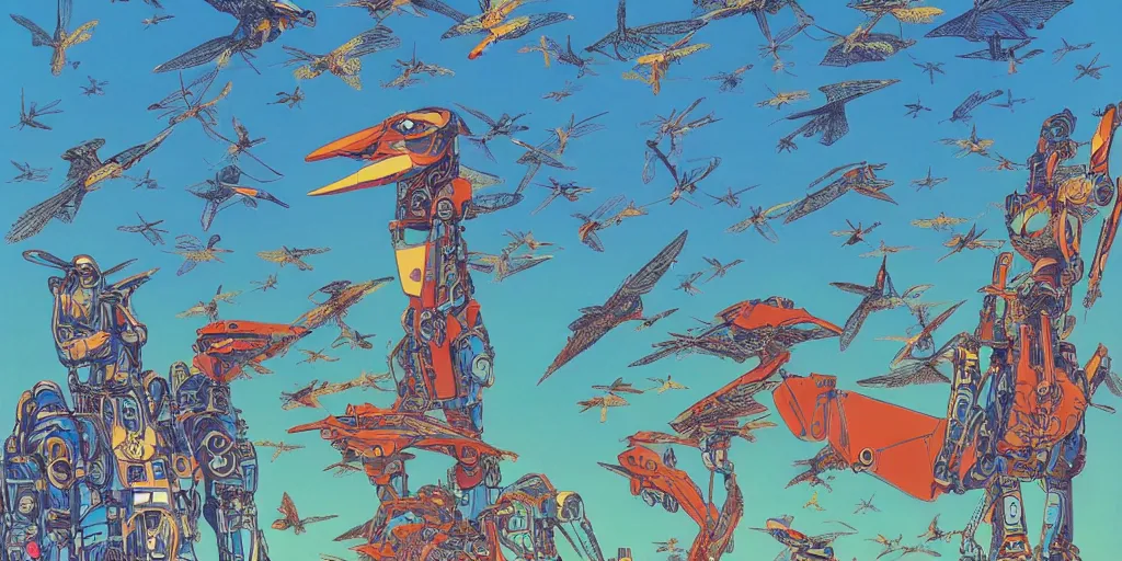 Image similar to gigantic mecha arzach birds with dragonflies, tiny rats, a lot of exotic animals around, big human faces everywhere, helicopters and tremendous birds, risograph drawing by satoshi kon and moebius, matte summer blue colors, surreal psychedelic design, 4 k