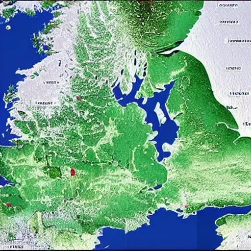 Image similar to map of the uk from space after climate change has destroyed the planet