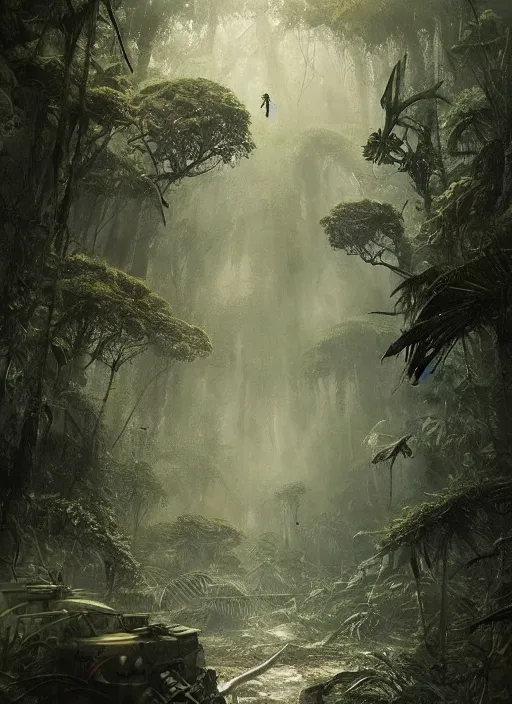 Prompt: aircraft carrier overgrown with vegetation laying on the ground of a tropical forest, post appocalyptic illustration by Luis Royo, by Greg Rutkowski, dark, gritty, intricate, cover illustration, concept art, volumetric lighting, volumetric atmosphere, sharp focus, octane render, trending on artstation, 8k