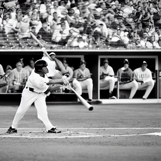 Image similar to home run at a baseball game, huge hit, broken bat, epic shot, baseball photography, black and white