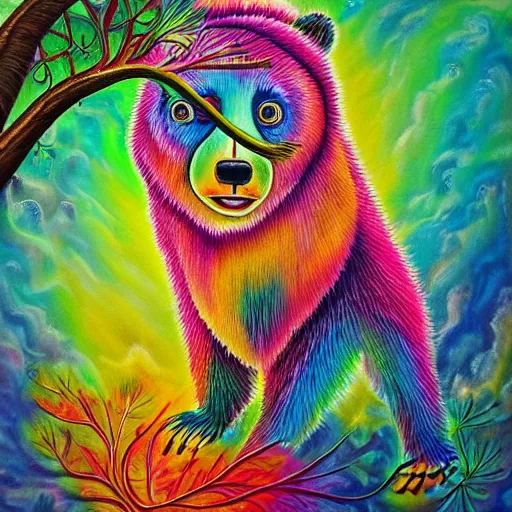 Prompt: a painting of a bear in a tree, an airbrush painting by lisa frank, trending on deviantart, psychedelic art, detailed painting, airbrush art, acrylic art