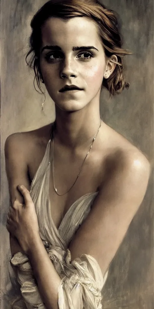 Prompt: emma watson coyly smiling detailed portrait painting by gaston bussiere craig mullins j. c. leyendecker photograph by richard avedon peter lindbergh annie leibovitz