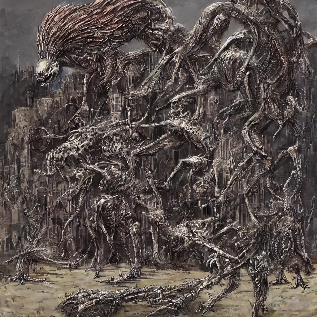 Prompt: metal album cover flaming chrome eagle skeleton wayne barlowe h. r. giger simon stalenhag