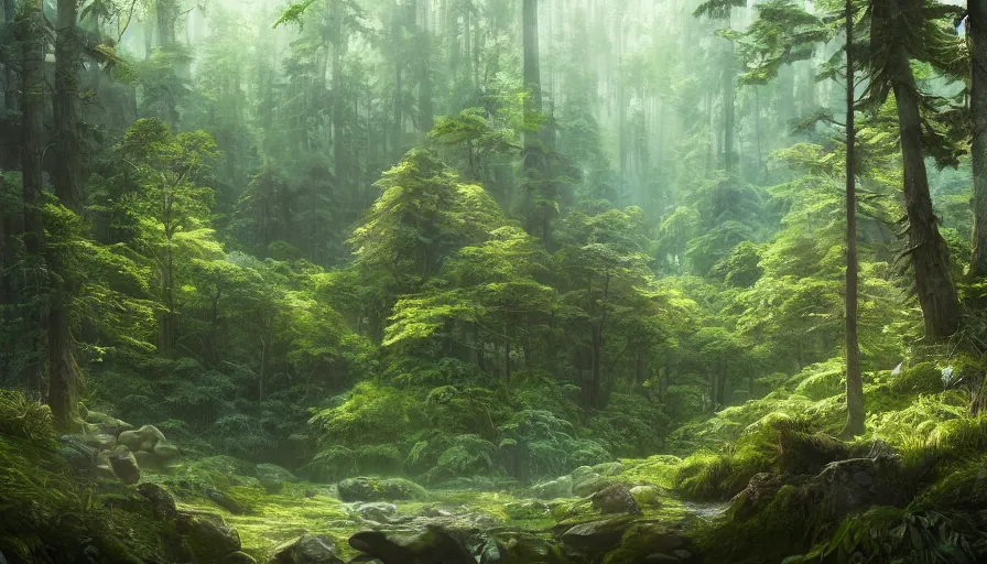 Image similar to A highly detailed matte painting of a dense forest by Mokoto Shinkai, hyperrealistic, breathtaking, beautiful composition, by Artgerm, by beeple, by Studio Ghibli, volumetric lighting, octane render, detailed, oil painting, 4K resolution, trending on artstation