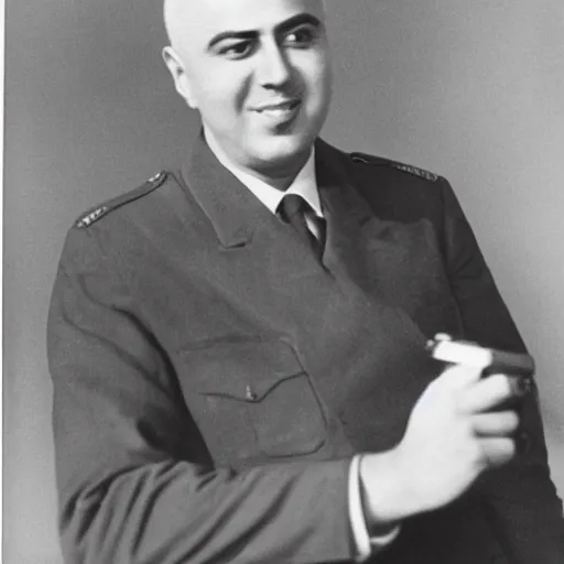 Image similar to a medium shot photo of enver hoxha extremely happy to have a pistol in his hand,8k, DSLR, highly detailed skin, highly detailed hands