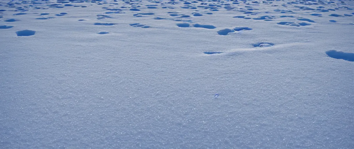 Image similar to extreme closeup hd 8 k hyper detailed photograph of a trail of footsteps in the snow