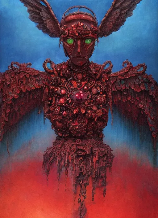 Prompt: beksinski meets rococo style painting of full plate armor of crimson metal with azure blue lining and ruby studded worn by harsh amethyst colour skinned angel with glowing glass wings, magic, enchanted, intricate, crystal, background desert, dusty, soft light, 8 k, artstation trending, masterwork