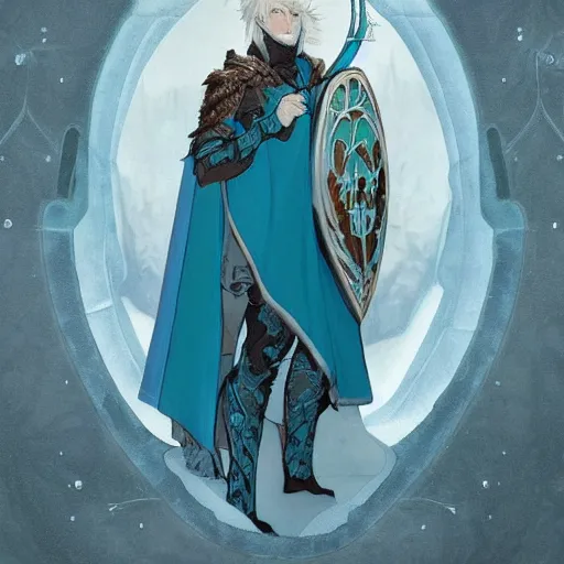 Image similar to an epic concept art of a handsome snow elf in a turquoise cape and silver armour, bow and arrow, albino skin, winter vibes, elegant, very coherent symmetrical artwork, rule of thirds, by ralph hosley and alphonse mucha and charlie bowater, sharp focus, trending on artstation