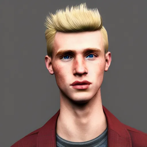 Image similar to A videogame portrait of a blond young Irish man. Male model. Dressed in 1980s style. Highly detailed, fine Art, high detail, great lighting, 8k resolution, masterpiece, concept art, illustration, clear eyes, painting oil on canvas, octane render, HDR, trending on artstation, 4k, 8k, HD