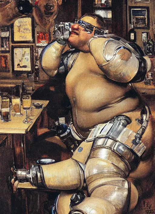 Image similar to head and shoulders portrait of a fat armoured cyborg enjoying himself in a pub, by normal rockwell and greg staples and john singer sargent