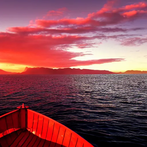 Prompt: wooden boat, norwegian fjord, red sunset