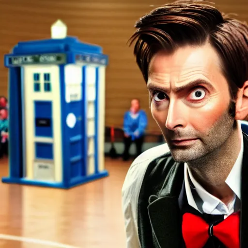 Prompt: closeup promotional image of an David Tennant as Doctor Who at a polka dance-off contest at the YMCA basketball gym, around the gym everyone is cheering, in the background the Tardis door is wide open to the interior, frenetic, quirky, movie still, promotional image, imax, 4K