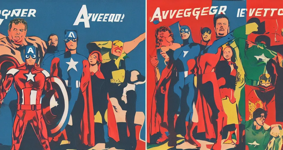 Image similar to A three color offset photography of the Avengers, exhibition, 60s style