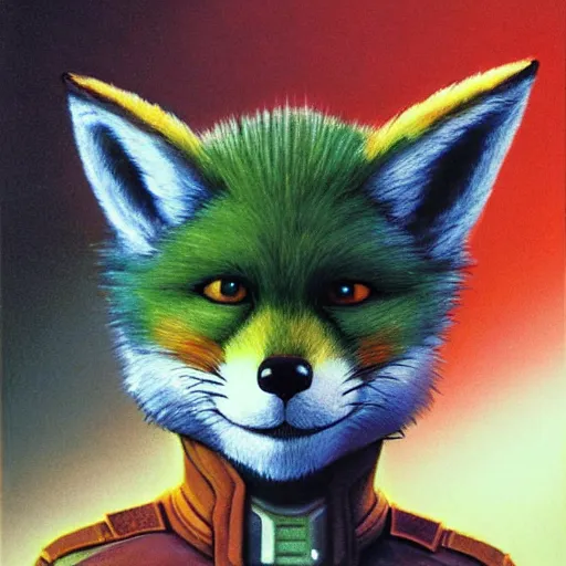 Prompt: a portrait of fox mccloud posing proudly, suspenseful, anthropomorphic furry art, star fox, by jim burns, vincent di fate, and peter elson