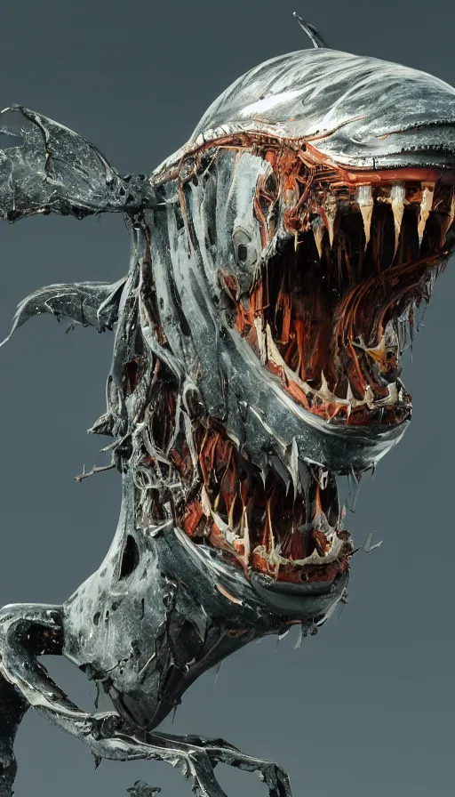 Prompt: horrifying biomechanical whale spirit with massive mouth and teeth, made up of plastic and skin and metal, shiny, wet, fluid, nanomaterials, scifi, post apocalyptic, hyper realistic, epic angle, beautiful composition, octane render, unreal engine render, 8k, super detailed, SLICK!!