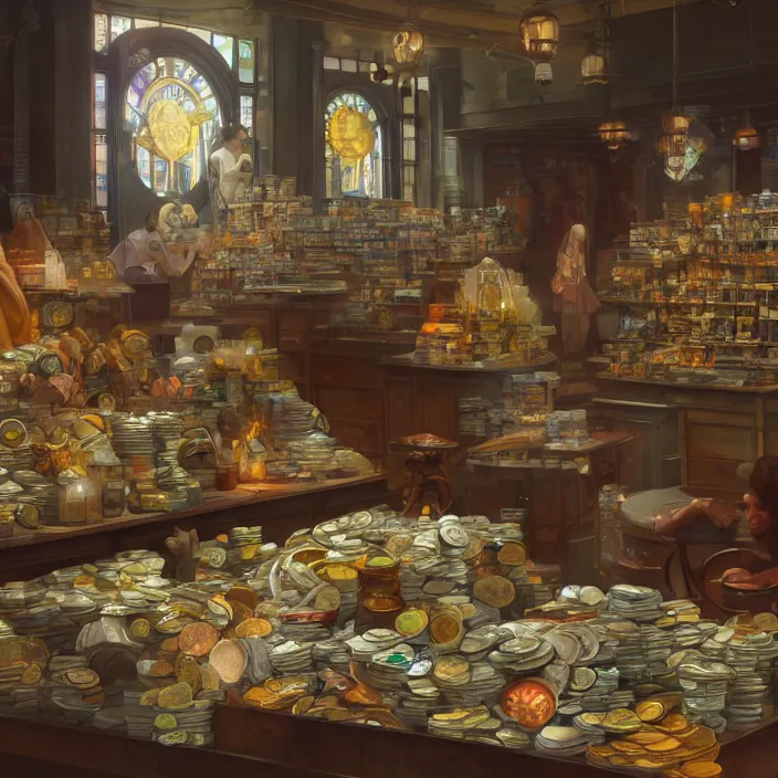 Image similar to modern coin shop with a lot of coins, 4 k, octane, digital painting, artstation, concept art, sharp focus, illustration, art by artgerm and greg rutkowski and alphonse mucha