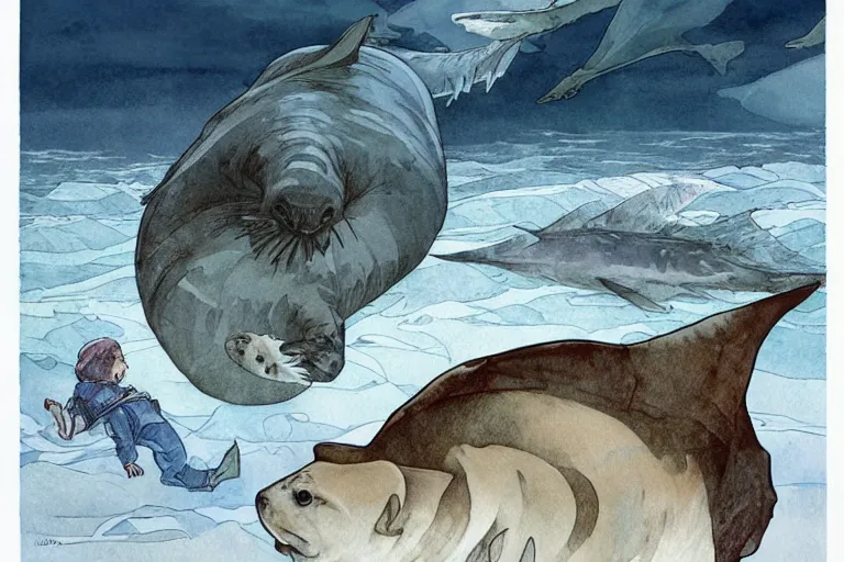 Image similar to a pilosaurus hunting a baby harp seal in the Arctic, swimming among fish in a gray and blue ocean of worrying intent, water color, art by artgerm and greg rutkowski and alphonse mucha and jin xiaodi and anthony devine