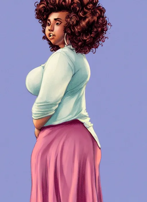 Image similar to full body portrait, teenage vanessa morgan, pink hair, brown skin, obese, curly pixie hair, sultry, realistic, short hair, hoop earrings, skirt, shirt, fat, belly, intricate, elegant, highly detailed, digital painting, artstation, concept art, smooth, sharp focus, illustration, art by wlop, mars ravelo and greg rutkowski