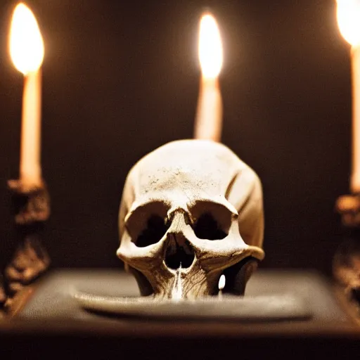 Prompt: a skull in a dark dungeon lit only by candle light, dslr photo, cinematic lighting, shallow depth of field