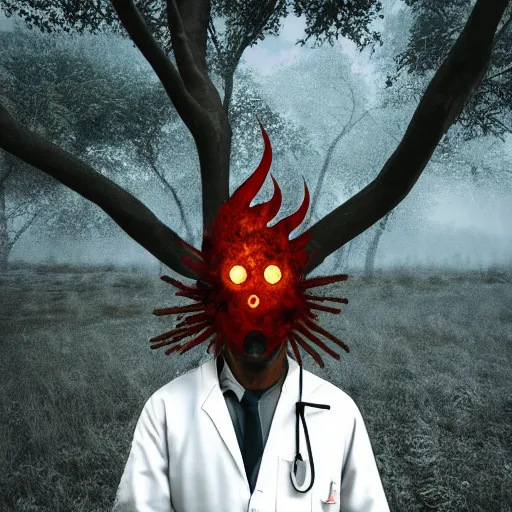 Prompt: An album cover, fire, mask, stethoscope, 3d render, ((robot)), (unreal engine), (rust), photograph, portrait, painting, (trees)