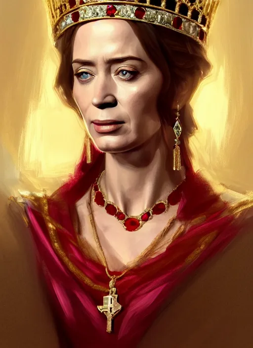 Image similar to portrait of emily blunt as queen, jewelry, greek, ruby, victorian age, 1 8 9 0, intricate, headshot, key visual, conceptart, ambient lighting, highly detailed, digital painting, artstation, concept art, sharp focus, by makoto shinkai and akihiko yoshida and greg manchess