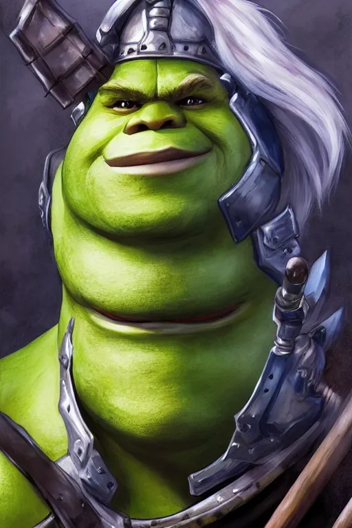 Image similar to A realistic anime portrait of Shrek, warrior, D&D, dual Axe wielding, full body plated armor, dungeons and dragons, tabletop role playing game, rpg, jrpg, digital painting, by Stanley Artgerm Lau, Frank frazzeta, WLOP and Rossdraws, digtial painting, trending on ArtStation, SFW version