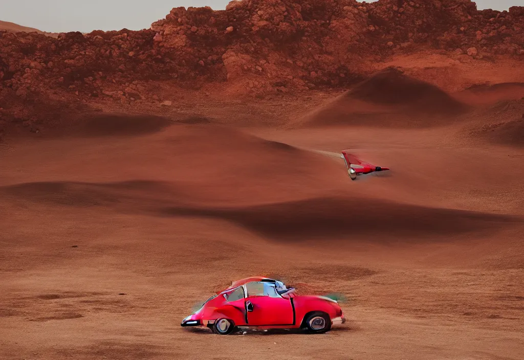 Image similar to “a red porsche 356 is parked in the middle of the desert, a matte painting by Scarlett Hooft Graafland, featured on unsplash, australian tonalism, anamorphic lens flare, cinematic lighting, rendered in unreal engine”