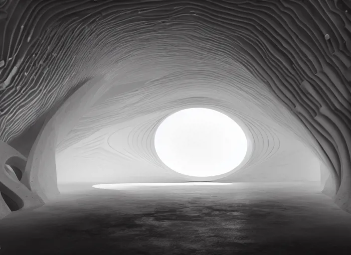Prompt: a circular portal structure in the centre of an abandoned zen white cave full of geodes, beautiful curves, golden ratio, epic lighting, unusual composition, 4 k, zaha hadid, irakli nadar