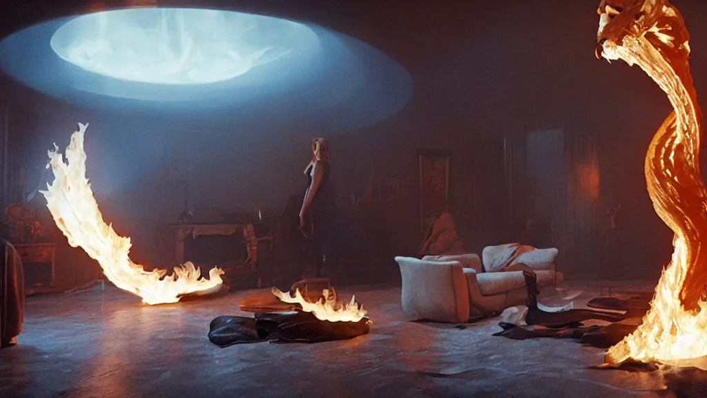 Image similar to a giant Snake made of fire and ice floats through the living room, film still from the movie directed by Denis Villeneuve with art direction by Salvador Dalí, wide lens