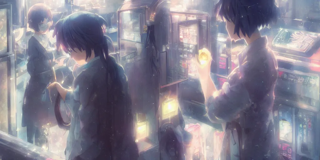 Image similar to anime kyoto animation key by greg rutkowski night, vending machine