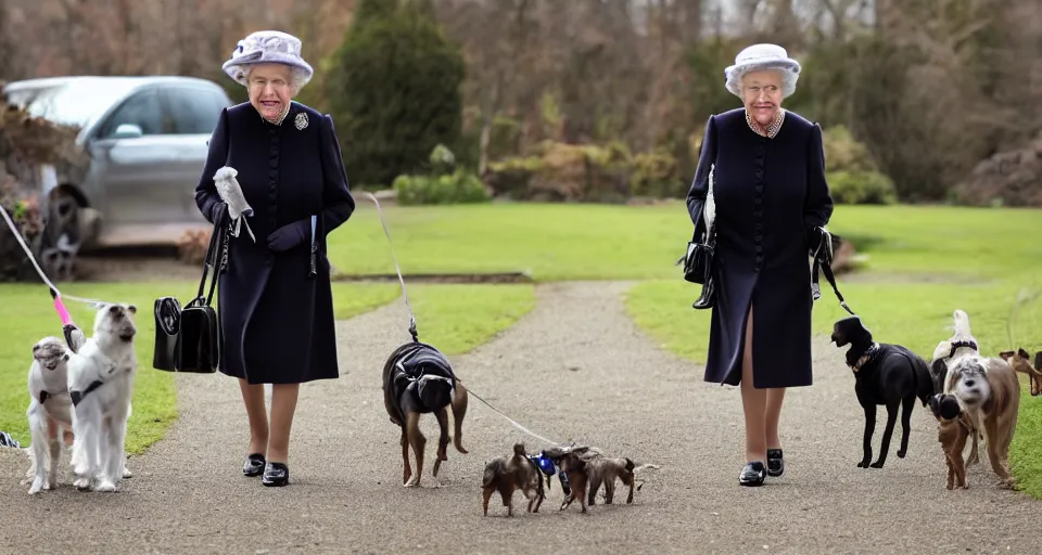 Image similar to the queen wearing a dog collar walking her dogs