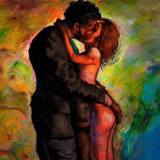 Prompt: of a man and woman kissing in the style of disco elysium, expressionism, artstation, trending, by aleksander rostov, jenny saville, rembrandt, alex kanevsky, wassily kandinsky, dave mckean, yoshitaka amano