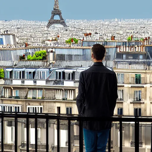 Prompt: Man on balcony looking over Paris with Eiffel Tower in background, 8k, detailed, full of colour, cinematic lighting, cinematic, masterpiece