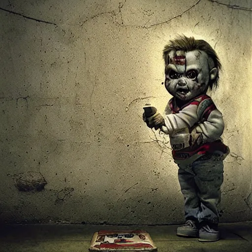 Image similar to dystopian grunge disposable camera photo of chucky by michal karcz | horror | nightmare