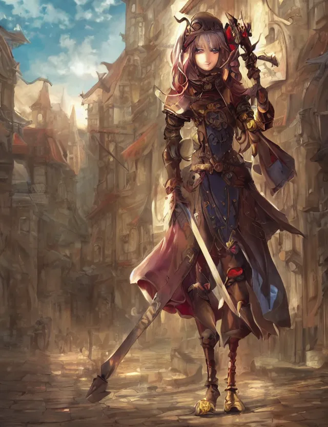 Prompt: scenic wide angle portrait of a teenage girl in town center, confident knight's outfit, anime in fantasy style, trending artwork, painted in anime painter studio, by anato finstark, tony sart, marc simonetti and an anime artist, collaboration