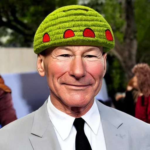 Image similar to patrick stewart, as captain jean - luc picard of the starship enterprise, avocado hat