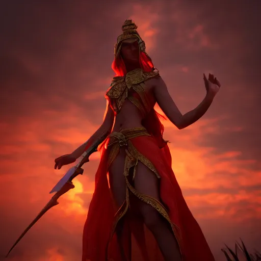 Image similar to powerful godess fighting in a hard battle against evil realistic sunset light rainy award winning, trending on artstation, unreal engine