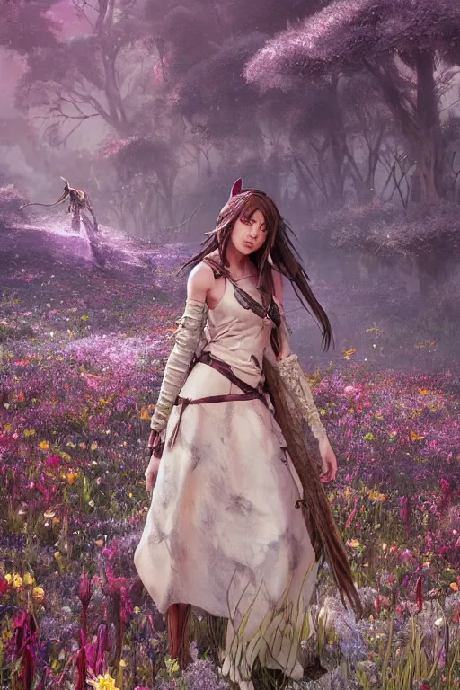 Image similar to A high fantasy wolf girl standing in the middle of the field of flowers by Eddie Mendoza face close up official media beautiful detailed high quality