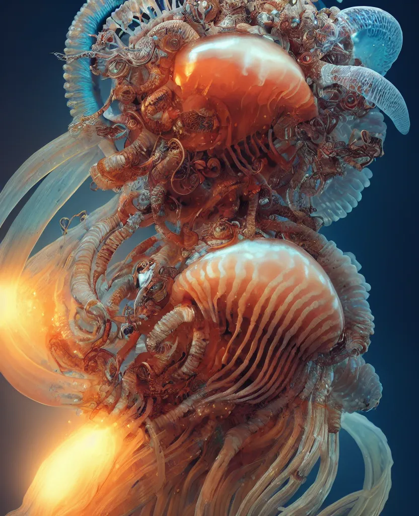 Image similar to goddess close-up portrait ram skull. jellyfish phoenix head, nautilus, orchid, ram skull, betta fish, bioluminiscent creatures, intricate artwork by Tooth Wu and wlop and beeple. octane render, trending on artstation, greg rutkowski very coherent symmetrical artwork. cinematic, hyper realism, high detail, octane render, 8k