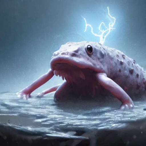 Prompt: highly detailed shocked Axolotl hit by lightning from the sky in a small puddle, thunder, dramatic, dark, fantasy, digital art, hyperrealistic, cinematic lighting, Greg Rutkowski, Trending on Artstation, highly detailed