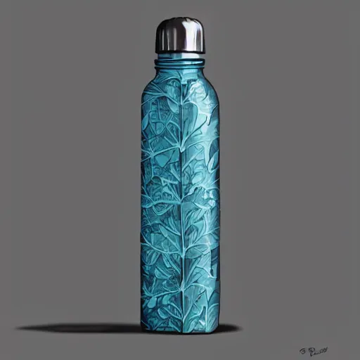 Prompt: A water bottle with a leaf design on it, Greg Rutkowski