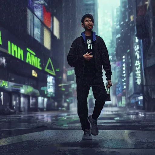 Prompt: A man wearing Merrell x Ant 1 of 1 rare archival garment-dyed jacket and Acronym P38-E pants and Nike x Acronym Blazer Low sneakers, Police sirens shining in far background, high quality, digital art, dirty cyberpunk city, rain, greg rutkowski