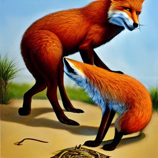 Image similar to beautiful lifelike painting of a fox chewing its own tail, hyperreal detailed facial features and uv lighting, art by ed roth and basil wolverton