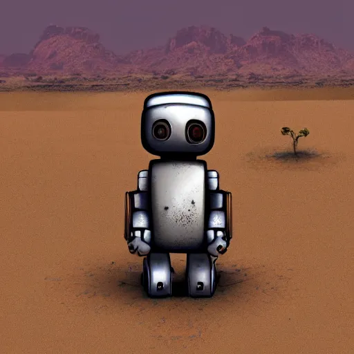 Prompt: Abandonded broken robot in desert landscape, painted, semirealistic, Futuristic