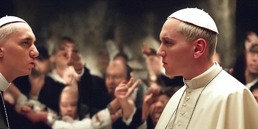 Image similar to film frame of the pope and eminem doing a rap freestyle 4 k quality rule of thirds eminem's face detail cinematic color grading by christopher nolan