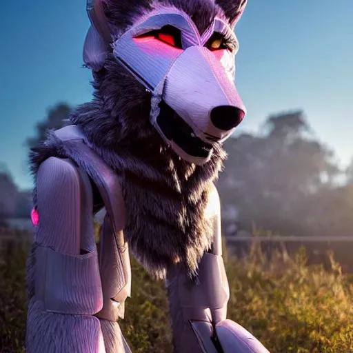 Prompt: Humanoid robot with a wolf tail wearing a hyperrealistic wolf fursuit, extremely detailed, natural lighting, volumetric lighting, synthwave