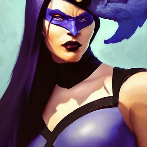 Image similar to greg manchess portrait painting of raven darkholme alias mystique as overwatch character, medium shot, asymmetrical, profile picture, organic painting, sunny day, matte painting, bold shapes, hard edges, street art, trending on artstation, by huang guangjian and gil elvgren and sachin teng